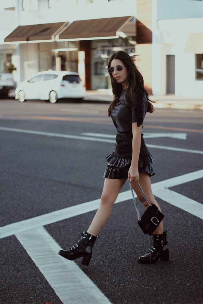 Leather to Lunch Patent Skirt x Tee x Combat Boots